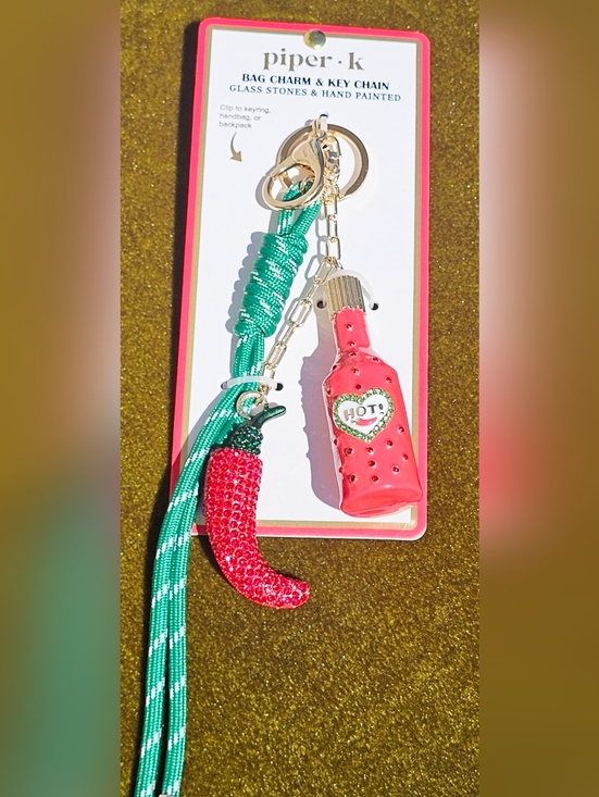 Piper K Accessories - Piper K Bag Charm – Hand-Painted Hot Sauce & Rhinestone Chili Pepper - NWOT